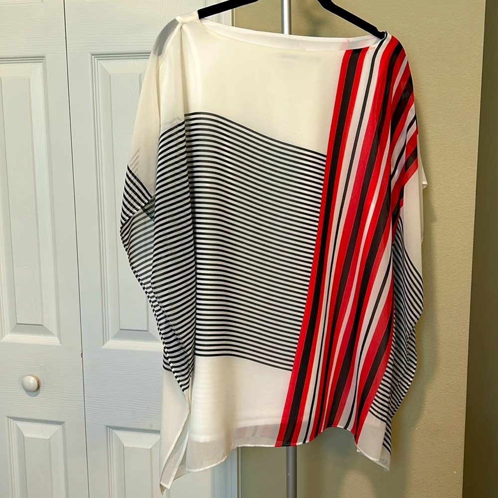 Calvin Klein Sheer Red & Black Kaftan Dolman Blouse Size M - Picture 1 of 4